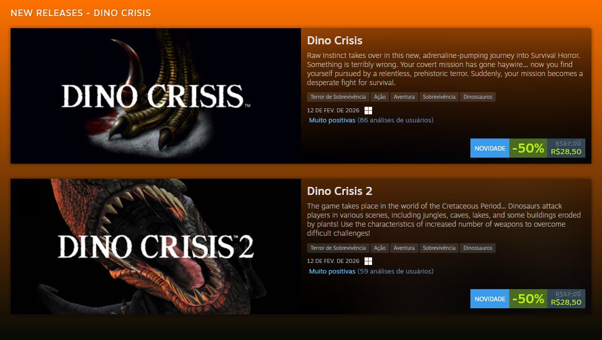GameStackBR's tweet photo. Dino Crisis 1 e 2 invadem a Steam e fazem fãs vibrarem com retorno histórico.

https://t.co/vzghhWCW66 https://t.co/Dg7k56obNI