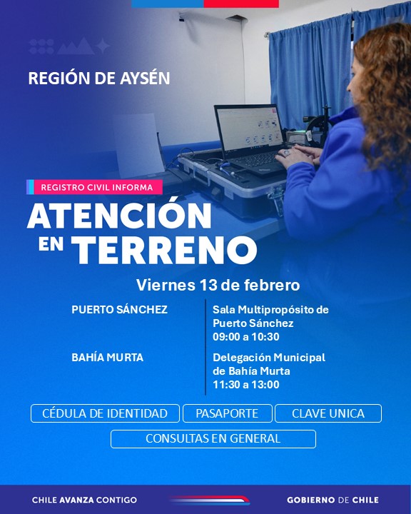¡Muy buen día!
Hoy nuestro equipo de atención en terreno estará en las localidades de: 

📍 Puerto Sánchez: de 09:00 a 10:30 hrs
📍 Bahía Murta: de 11:30 a 13:00 hrs

No es necesario agendar hora, la atención será por orden de llegada.
¡Te esperamos! 💙
