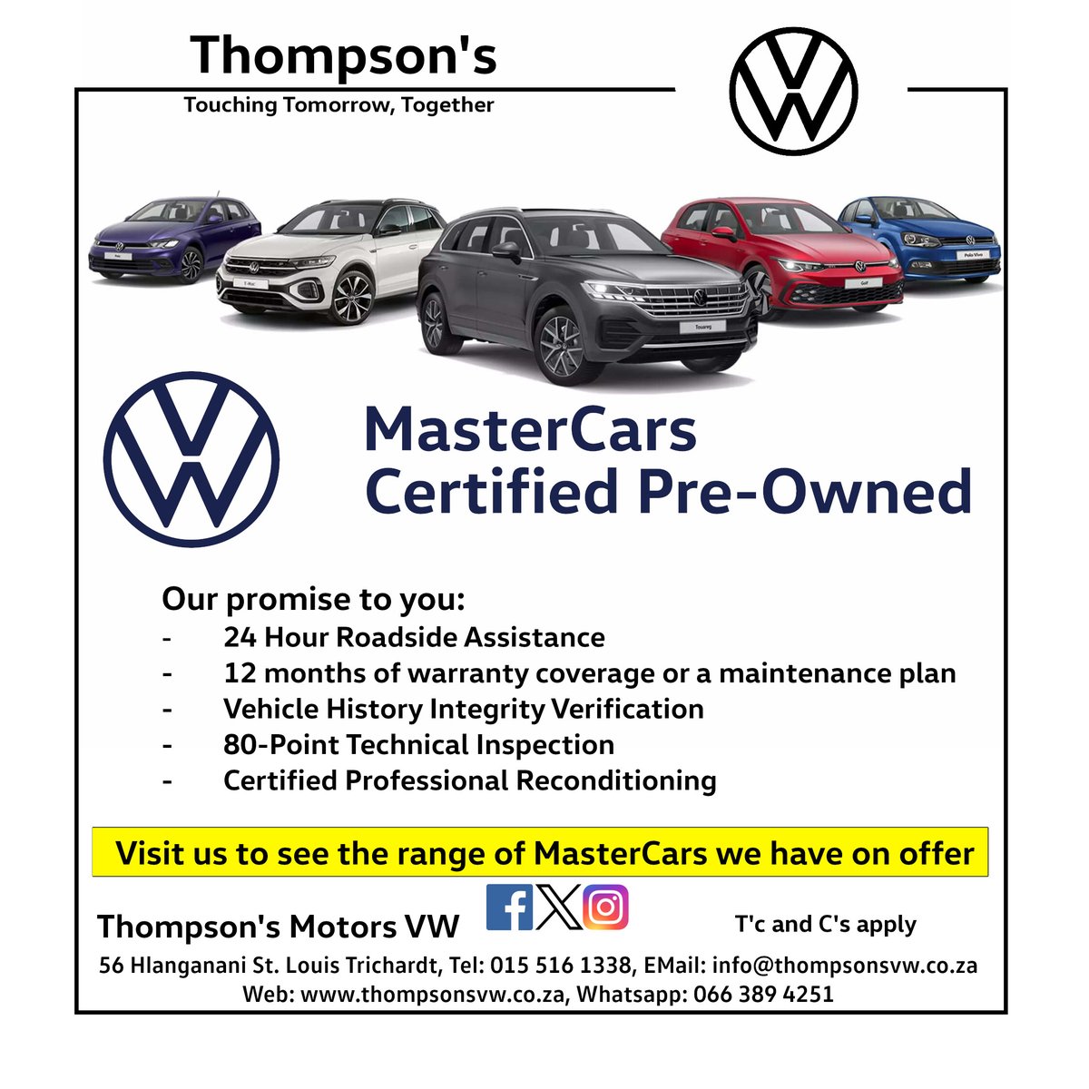 Info @ Thompson's VW
Visit our website at thompsonsvw.co.za for more
Email: info@thompsonsvw.co.za
WhatsApp: 066 389 4251
Tel: 015 516 1338
#thompsonsvw