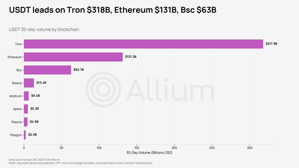 USDT đang âm thầm kể cho chúng ta một câu chuyện rất rõ ràng.

30 ngày gần nhất, khối lượng USDT theo từng blockchain:

• TRON: $318B
• Ethereum: $131B
• BSC: $63B
• Solana, Arbitrum, Aptos… phía sau khá xa

TRON hiện tại:
– Gấp ~2.4 lần Ethereum
– Gấp ~5 lần