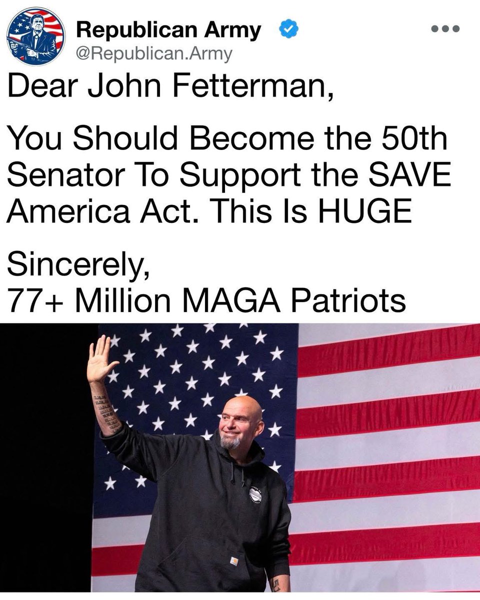 Fetterman, the moment is NOW! Voter ID is common sense!

Back the SAVE America Act and become the crossover hero America needs 🇺🇸💪 <a href="/SenFettermanPA/">U.S. Senator John Fetterman</a> #SAVEAct
