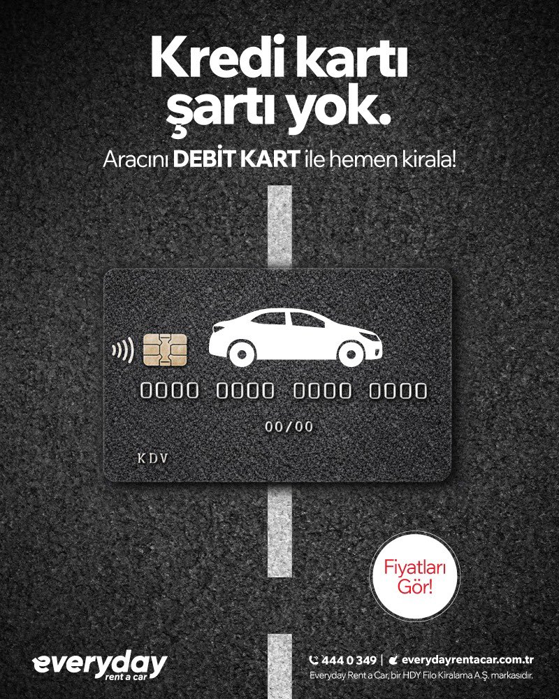 Kredi kartı şart değil!💳 Debit kartla (banka kartı) aracını anında kirala.#Everyday ile kolaylık, her yolun başında!
👇🏽
📞 444 0 349
🌐 everydayrentacar.com.tr 
 
#EverydayRentaCar #AraçKiralama #RentaCar #GüvenilirKiralama #EverydayKolaylık #TekTıklaKiralama