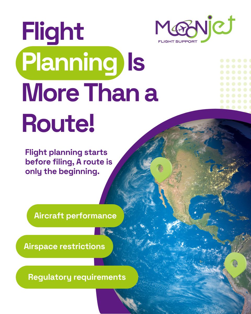 moonjet_aero's tweet image. Flight planning is more than just a route! It begins long before filing. We handle your route planning, aircraft performance calculations, airspace restrictions and regulatory compliance so you can focus on your business and enjoy the flight.
#moonjet #flightplanning