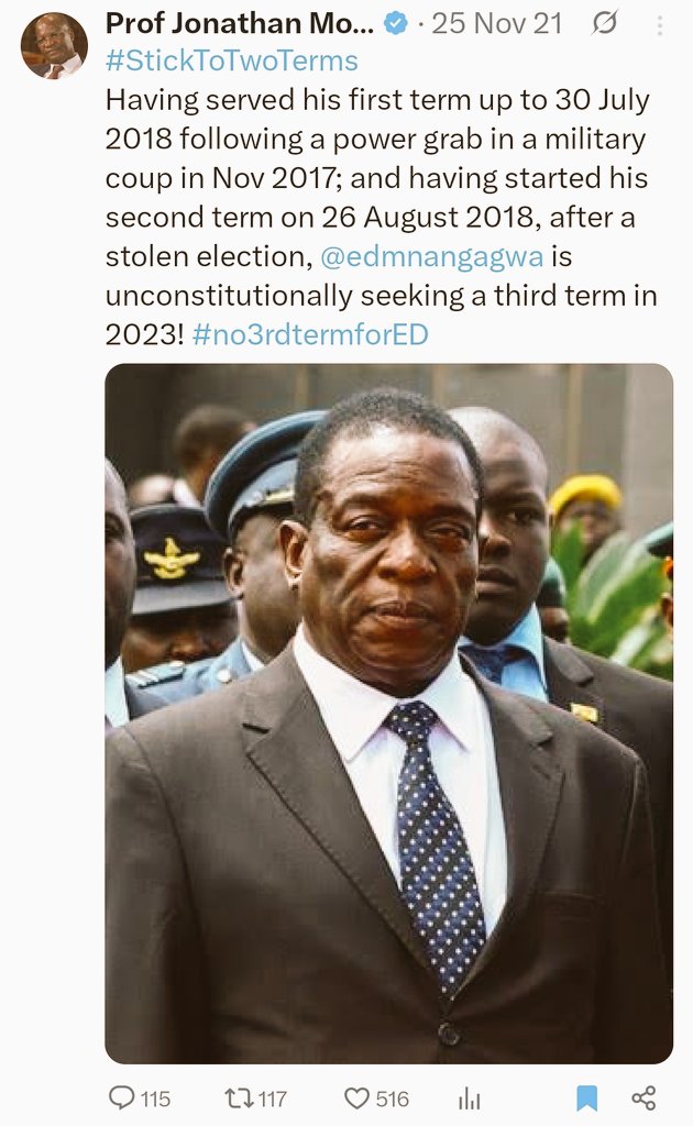 Laque_davis's tweet photo. 10. This ๐ was you in 2023 essentially saying Mr.Mnangagwa seeking reelection then was "unconstitutionally seeking a third term"
Now you want him, by your train of thought, to go for a 4th term, albeit one where he won't seek election
#WhatHasChanged?
https://t.co/6eUjDsbGe9 https://t.co/I3GCnzlcEQ