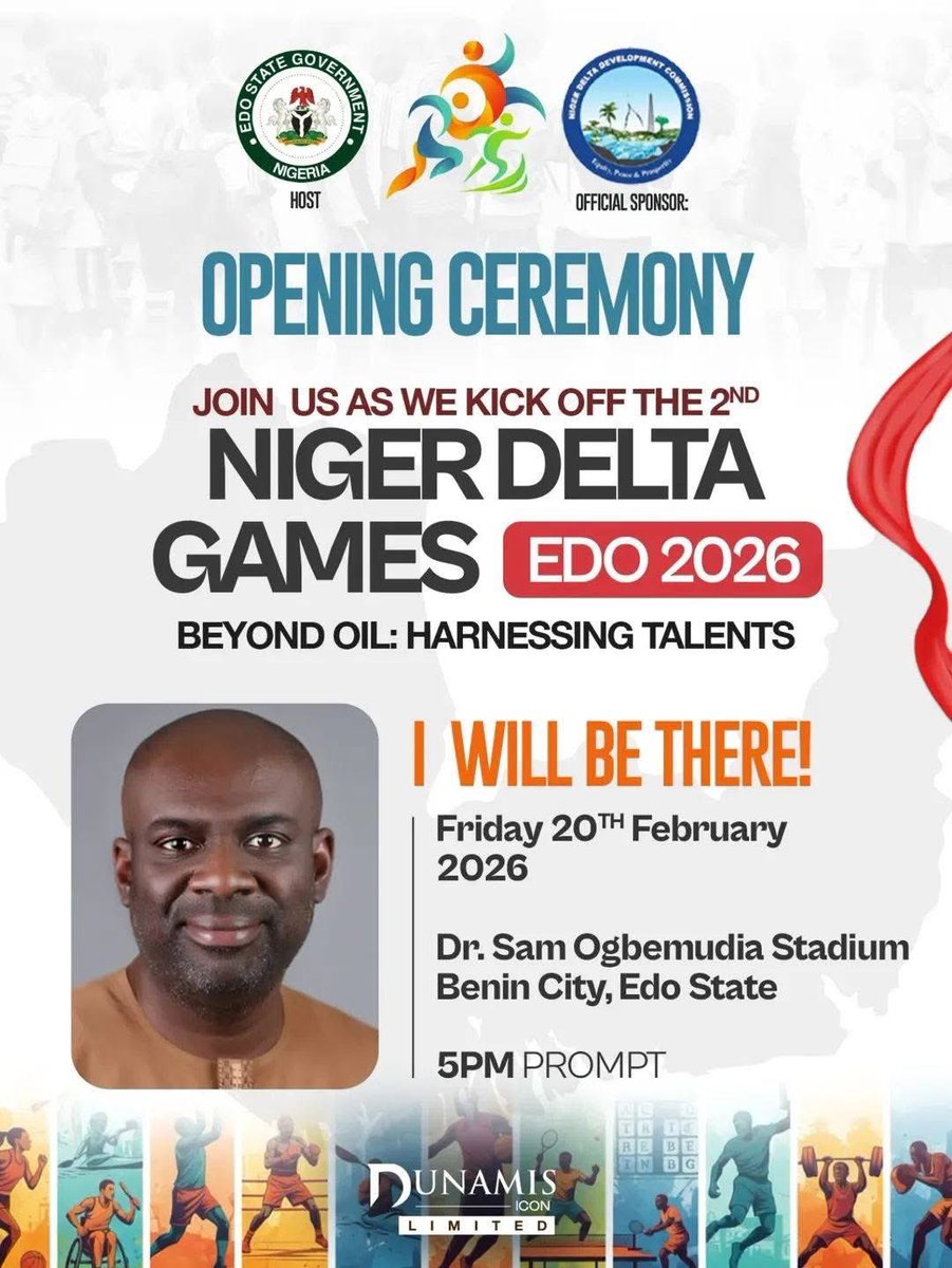 brostata1's tweet photo. The Chairman of the NDDC Governing Board, Mr. Chiedu Ebie; the Managing Director of NDDC, Dr. Samuel Ogbuku; the Executive Director, Finance and Administration, Mr. Boma Iyaye invites you all to the Opening Ceremony of the Niger Delta Games, Edo 2026
@NDDCOnline @nigerdeltasf https://t.co/E7isSnAaZa