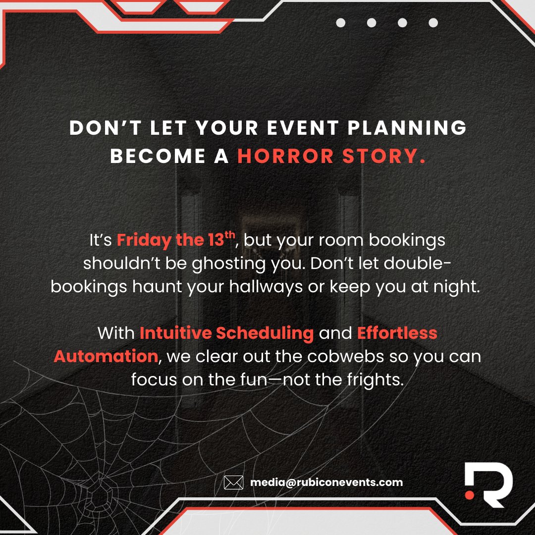 rubicon_digital's tweet photo. Avoid the jump scare of a double-booking! 👻 Don’t let your event planning feel like a haunted house—we’re here to banish "ghost" bookings and keep your schedule crystal clear. 🕸️

Stay spooky, stay organized.

#FridayThe13th #EventPlanning #EventTech #RubiconRooms https://t.co/NAocyCkPBN