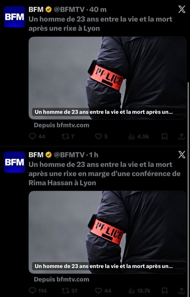 Donc <a href="/BFMTV/">BFM</a> ment de manière éhontée pour protéger Rima, en se raccrochant à une prétendue action antifasciste contre (???) une conférence pourtant insignifiante du très pro-palestinien <a href="/guillaume_ancel/">Guillaume ANCEL 🌊</a>.

Et même si ce récit était vrai, l’IEP de Lyon et l’Université Lyon 3 sont