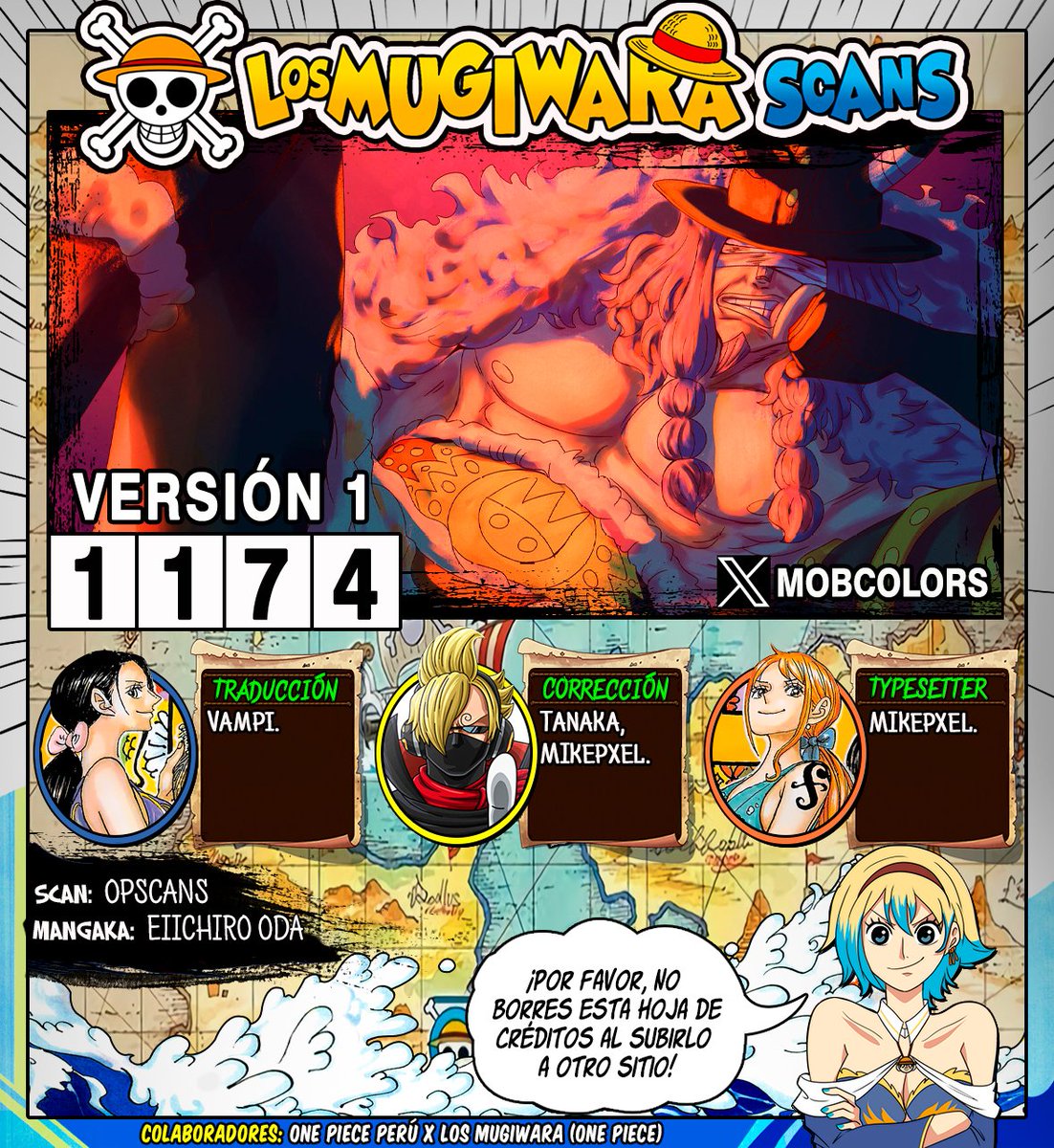 LosMugiwaraScan's tweet image. ONE PIECE CAPÍTULO 1174: "VERSIÓN 1"
-------
■ Traducción: @LosMugiwaraScan
-------
►Leer Online / Descargar y PDF~&amp;gt; linktr.ee/LosMugiwaraSca…
-------
Créditos del Coloreo:  @MobColors
-------
#ONEPIECE1174