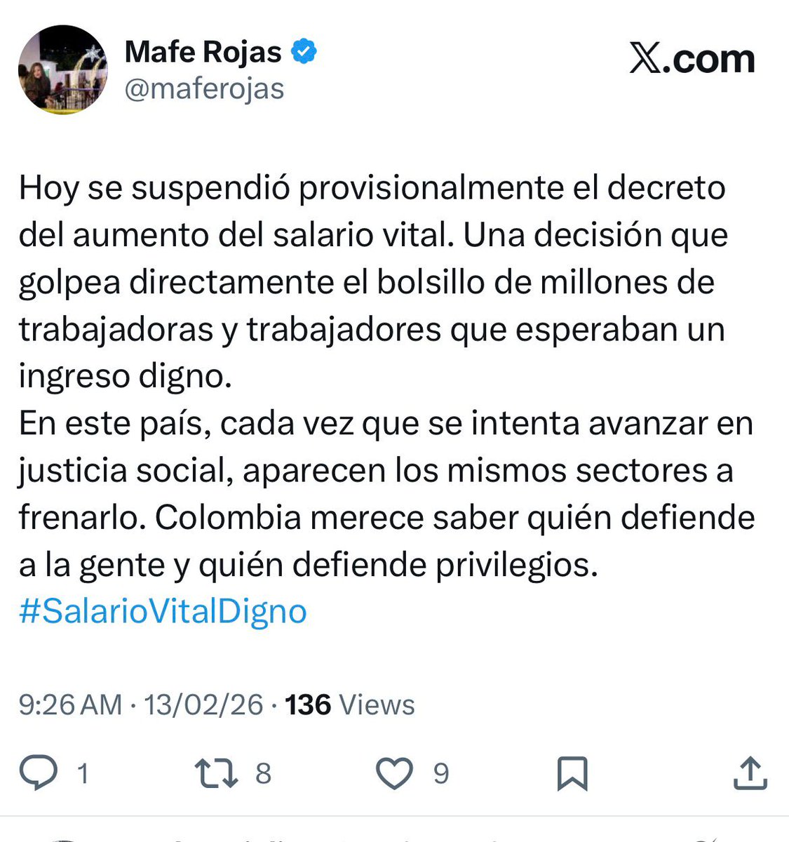 #NACIÓN “En este país, cada vez que se intenta avanzar en justicia social, aparecen los mismos sectores a frenarlo”, aseguró la ministra de Transporte, María Fernanda Rojas, sobre la decisión del Consejo de Estado de suspender el incremento del salario mínimo para el 2026. Vía