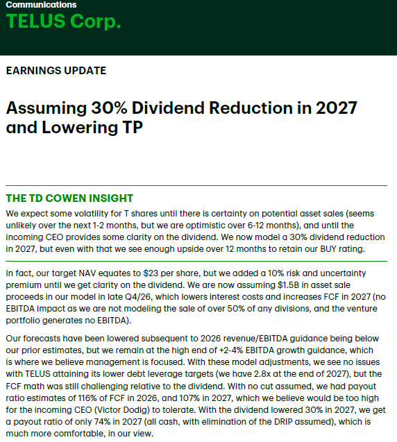 TD analyst predicts a dividend cut (still recommends the stock as a BUY). $T.TO