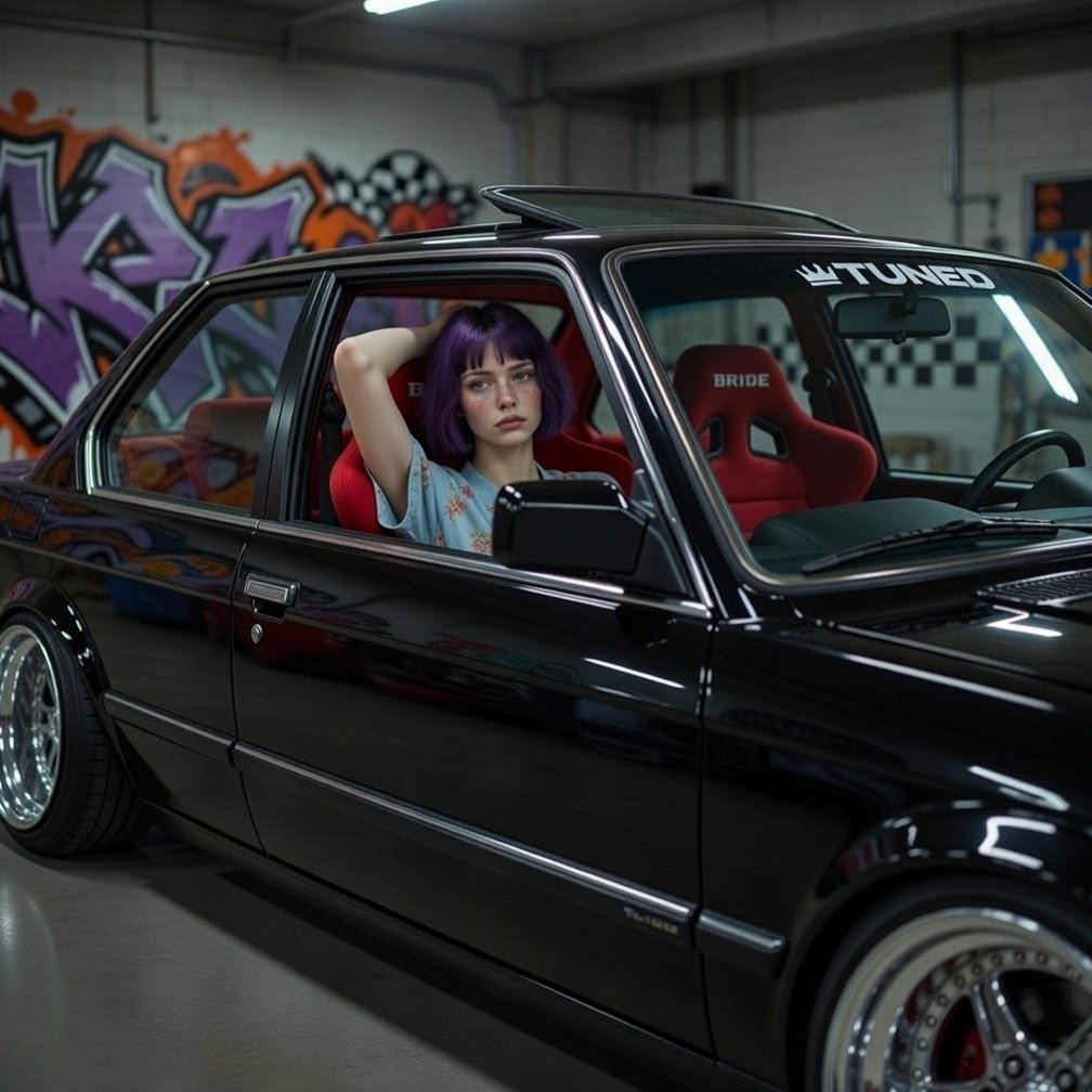 Dream big dreams that keep you awake, but for now... Good Night, dreamers!

Prompt:
A photorealistic cinematic night scene set in an underground minimalist garage with industrial concrete walls. The background features a large graffiti artwork in purple, orange, and white on the