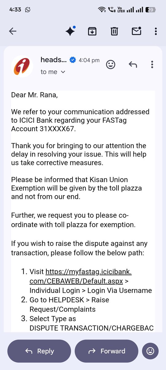 AdvctLokendra's tweet photo. @FASTag_NETC I DID contact my bank (ICICI). They admitted in writing the car was exempt, but REFUSE to raise a digital chargeback. Instead, they illegally told me to "physically visit the toll plaza" for a refund! Are banks allowed to violate NETC guidelines like this? https://t.co/aLmZQbTrrC