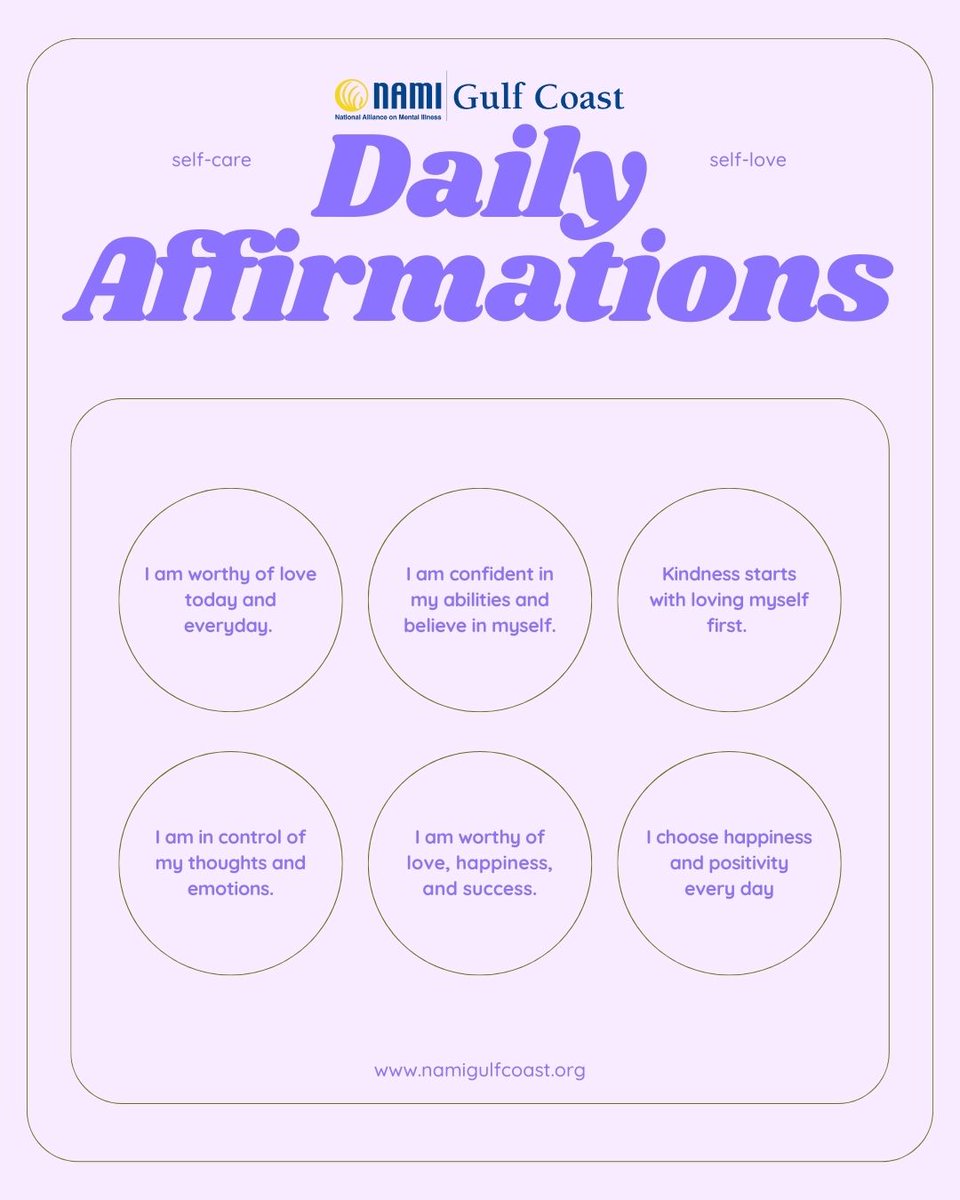 NAMIGulfCoast's tweet image. This Valentine’s Day, remember the most important relationship is the one you have with yourself. 💕
Try these Daily Affirmations! Whether you’re celebrating with someone special or practicing self-love, your heart matters. 💗
 #ValentinesDay #SelfLove #DailyAffirmation