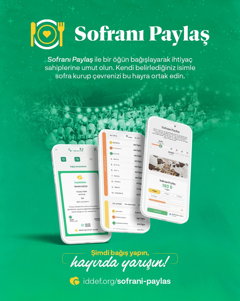 iddef's tweet image. Bu Ramazan, iftarını paylaş!

Bir bağışla bir sofraya ortak ol,
aldığın kartla bu iyiliği görünür kıl.

Çünkü paylaşılan sofra çoğalır,
paylaşılan iyilik yayılır.

Sen de sofranı paylaş,
bir iftara vesile ol.

#SofranıPaylaş
 🌐 iddef.org/sofrani-paylas
