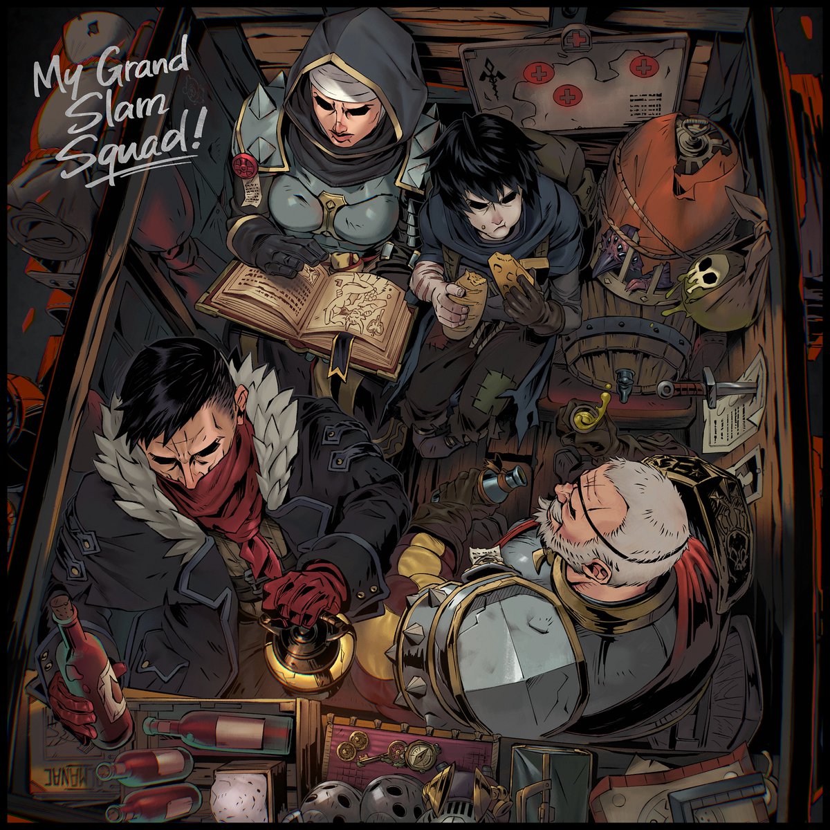 DD2健全ファンアート！
馬車移動中、大人組が逃亡者に飯分けたり本読ませたりの会話があまりにも和みだったのでぎゅうぎゅうに詰め込んでみた🍞🧀
あとスモークボムはすべてを救う
#DarkestDungeon