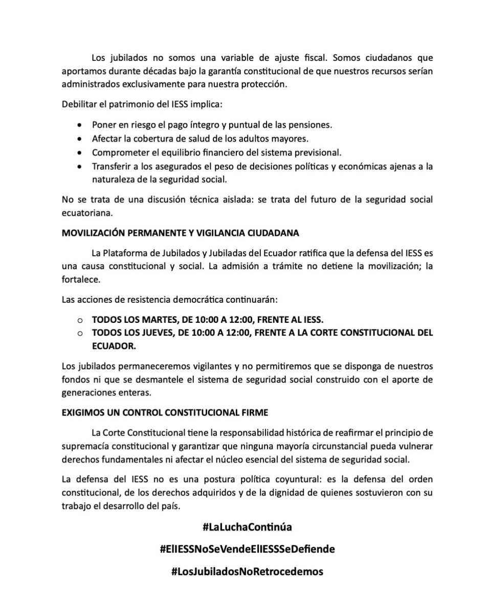 ecuainm_oficial's tweet photo. ‼️#URGENTE
La Plataforma de Jubilados y Jubiladas del Ecuador informó que la Corte Constitucional admitió a trámite la demanda contra la Ley de Sostenibilidad y Fortalecimiento Crediticio, al considerar que podría comprometer los fondos del IESS y vulnerar principios como la intangibilidad de los recursos, la autonomía institucional y la seguridad jurídica. Advirtieron que la norma pondría en riesgo el pago de pensiones y la cobertura de salud, y ratificaron que mantendrán acciones de resistencia y vigilancia ciudadana, con plantones permanentes todos los martes frente al IESS y los jueves ante la Corte Constitucional, además de nuevas convocatorias y movilizaciones en defensa del sistema de seguridad social.
