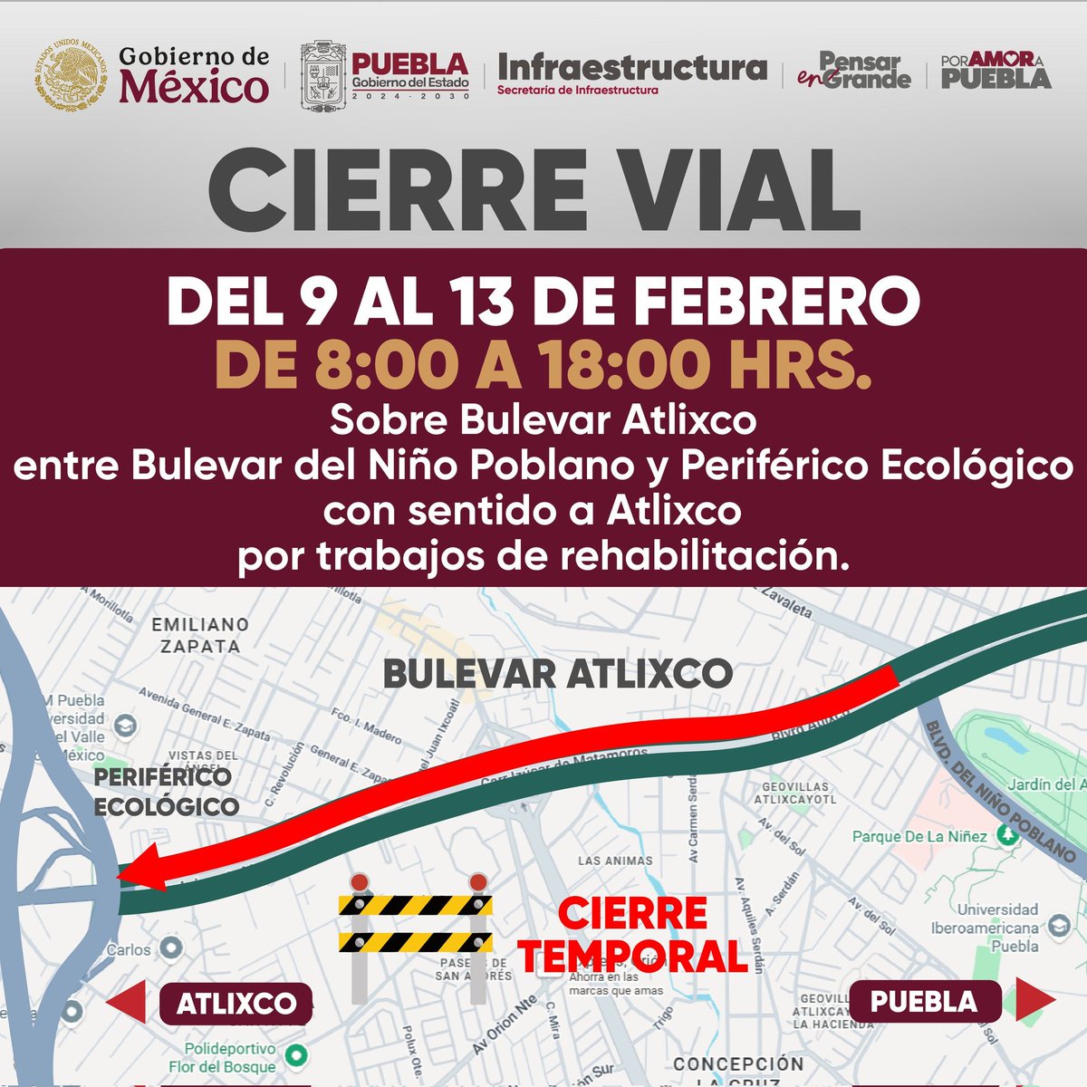 ⚠️ #PrecauciónVial / La secretaría de infraestructura (<a href="/InfraGobPue/">Secretaría de Infraestructura</a>) informa del #CIERREVIAL SOBRE #BULEVAR ATLIXCO ENTRE BULEVAR DEL NIÑO POBLANO Y #PERIFÉRICO ECOLÓGICO CON SENTIDO A #ATLIXCO <a href="/Gob_Puebla/">Gobierno de Puebla</a> <a href="/JManuelC_Puebla/">José Manuel Contreras</a> <a href="/TraficoPuebla/">Tráfico Puebla</a>
