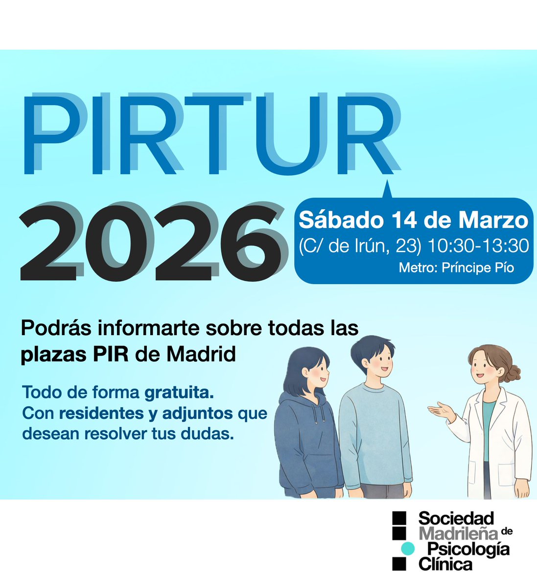 Vuelve el PIRTUR.
El evento de la SMPC que reúne a R0, residentes y adjuntos para hablar de las plazas de la Comunidad de Madrid y hacer equipo.
¿Te lo vas a perder? ¡Te esperamos el 14 de marzo!