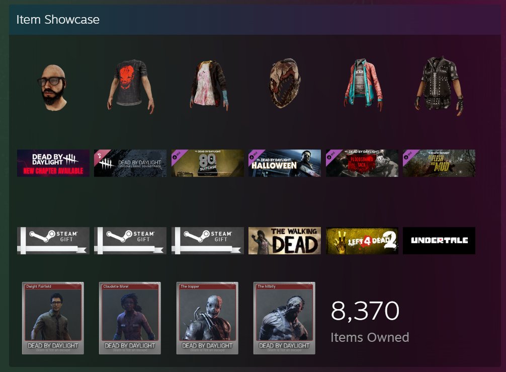 Finally finished my Collection. My DBD inventory items with all DBD Steam Gifts (and three extra games)
