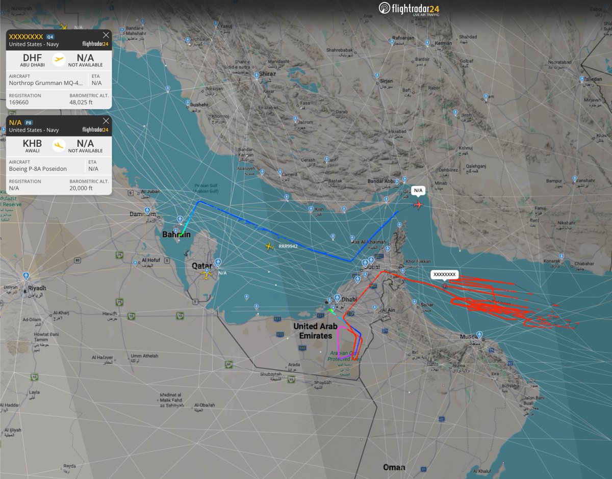 hey_itsmyturn's tweet image. #USN 🇺🇸  
1x P-8A Poseidon #ISR #AsUW   (AE6851) (Strait of Hormuz and Persian Gulf)
1x MQ-4C Triton  #ISR (169660 | AE7813) (Gulf of Oman)