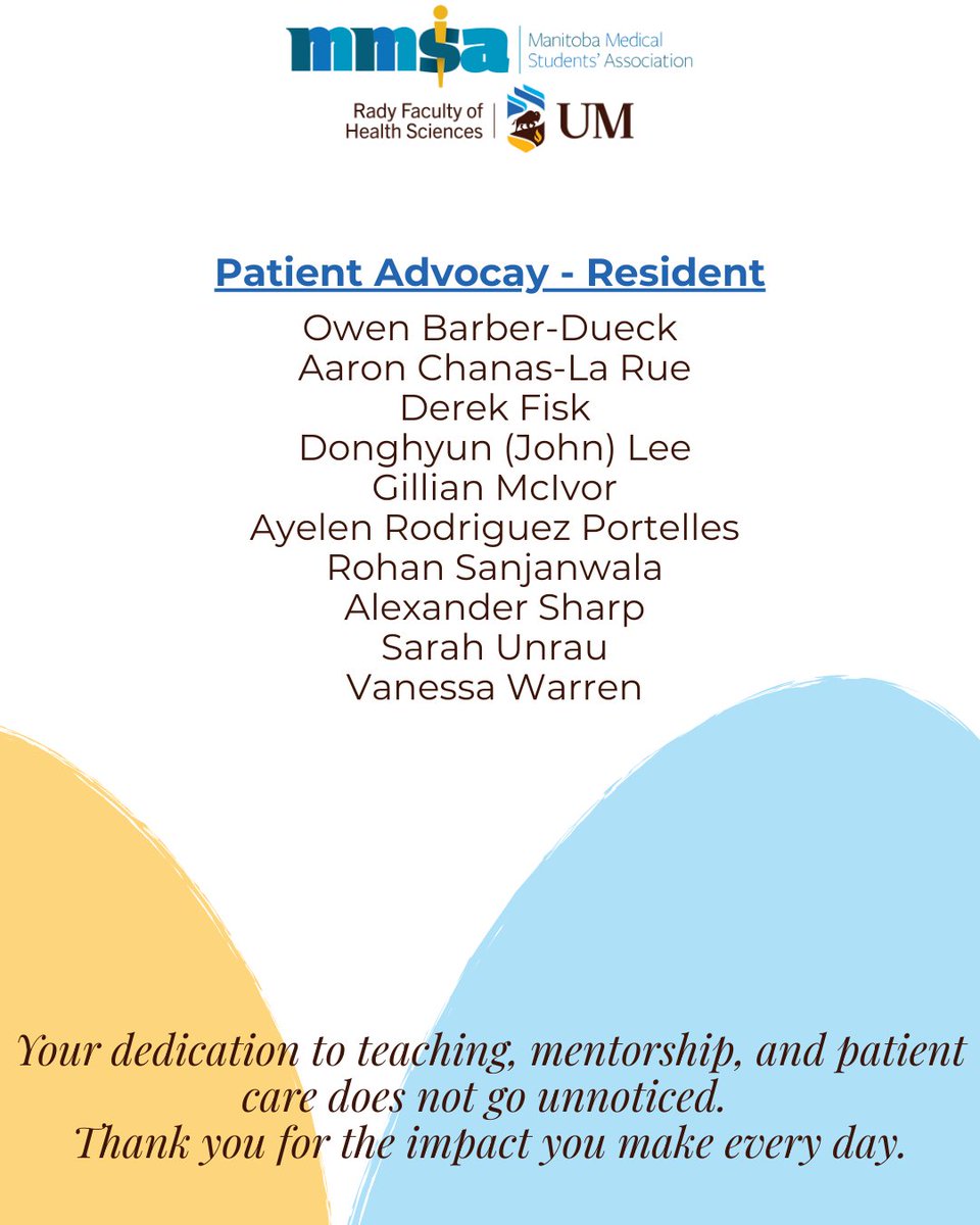 UofMPGME's tweet image. Closing out #ResidentAppreciationWeek by celebrating our resident-physicians nominated for the 2026 Teacher Recognition and MMSA Awards.

Learn more: bit.ly/4kpMXpn

#UManitoba #PGME #MedEd #Nominees #MMSA