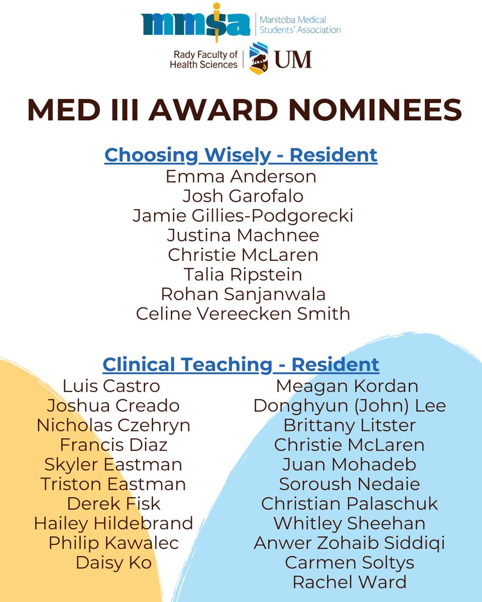 UofMPGME's tweet image. Closing out #ResidentAppreciationWeek by celebrating our resident-physicians nominated for the 2026 Teacher Recognition and MMSA Awards.

Learn more: bit.ly/4kpMXpn

#UManitoba #PGME #MedEd #Nominees #MMSA
