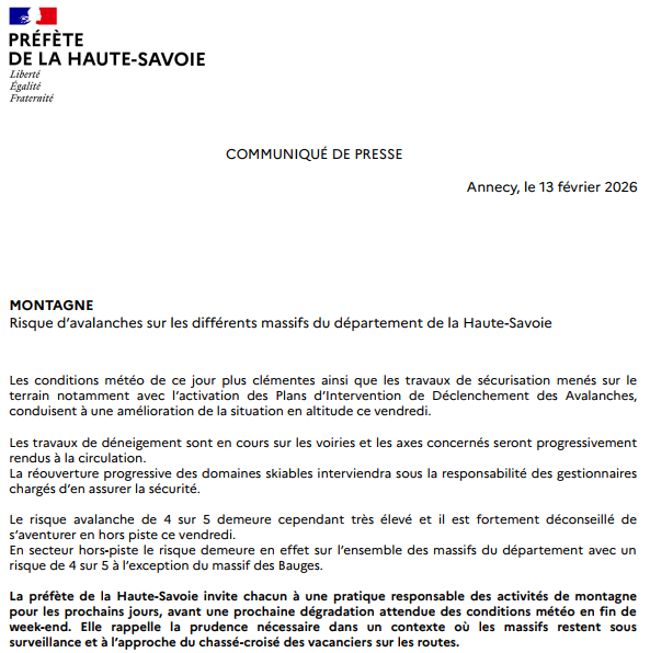 Image de Préfète de la Haute-Savoie - ⚠️Le risque avalanche de 4/5 sur l'ensemble des massifs du département à l'exception des Bauges deme