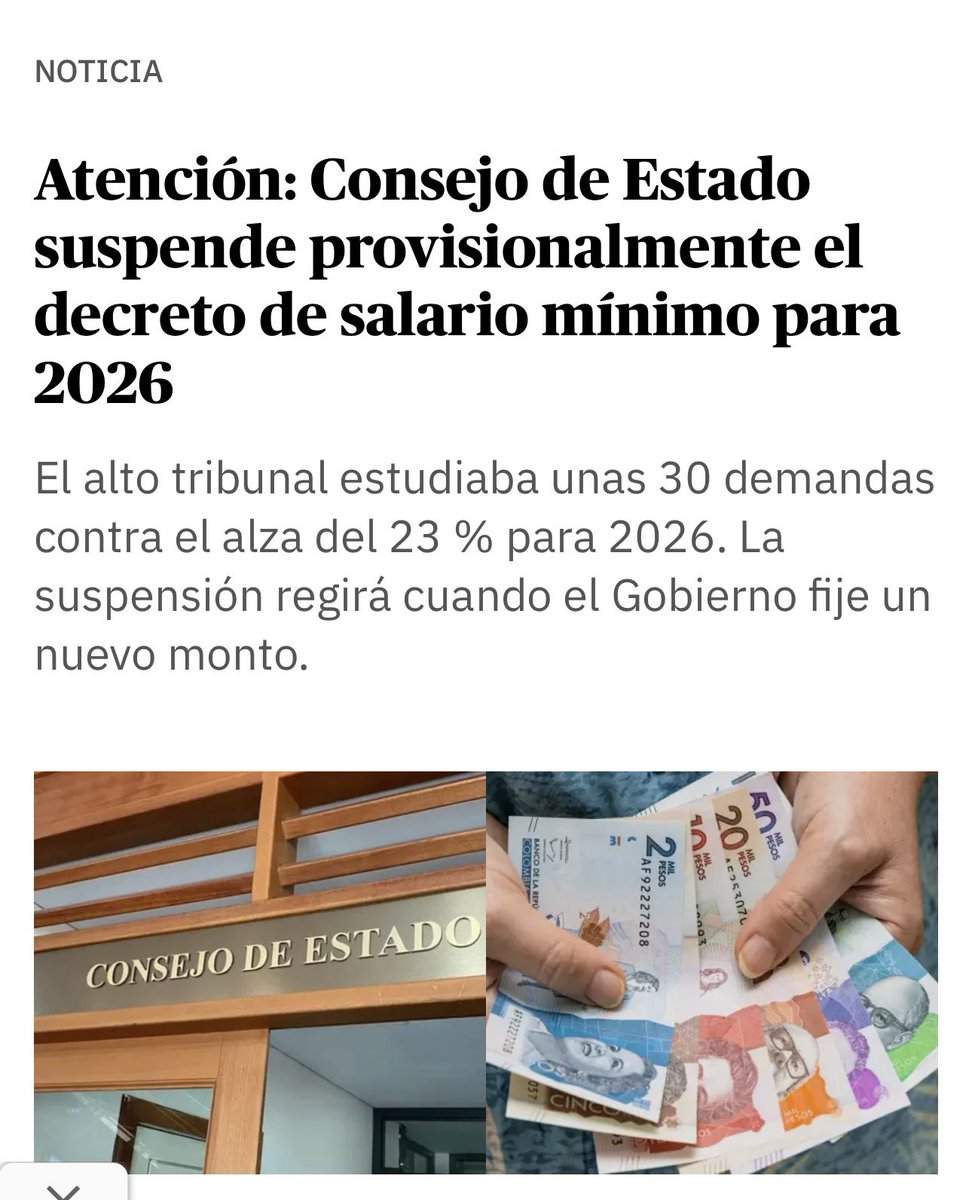 alazamo123's tweet image. UNA RAZÓN MÁS PARA TRANSFORMAR DE RAÍZ LA FALLIDA Y DESPRESTIGIADA JUSTICIA COLOMBIANA

Con un precedente muy RARO, el Consejo de Estado suspende los efectos del Decreto 1469 de 2025, que había establecido el salario mínimo cercano a $2 millones con auxilio de transporte,