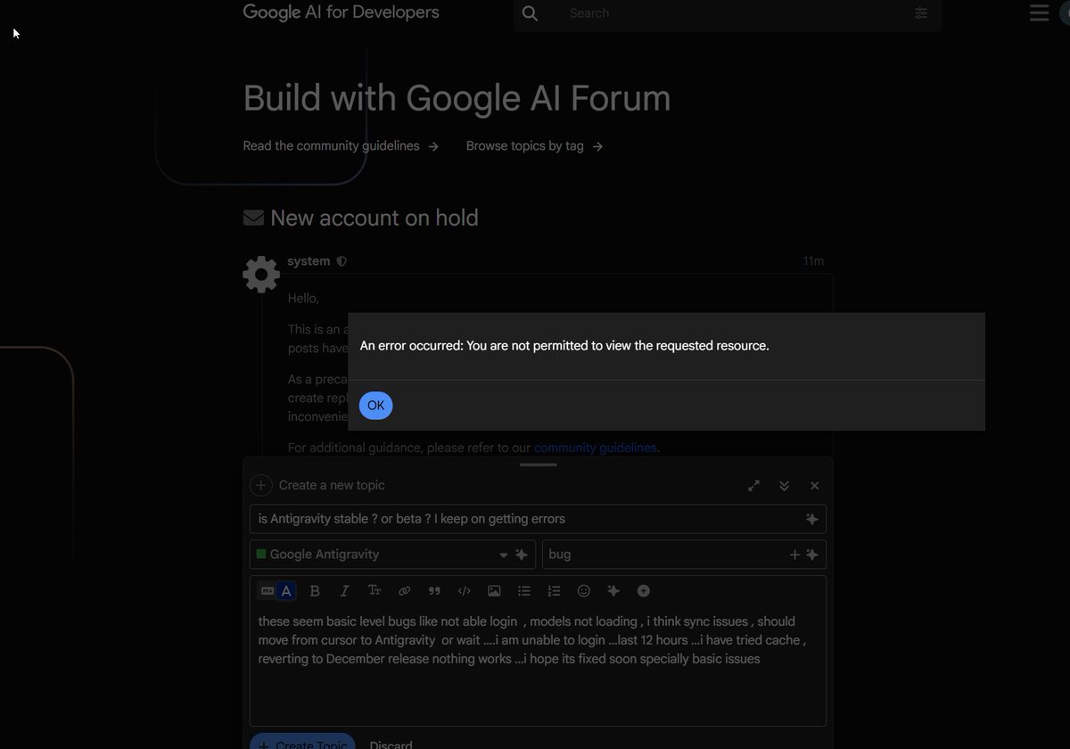 gpism's tweet photo. @sundarpichai is anti gravity a stable product !! or me too google product ?  basic things like login for paid customers, model not working ...for so much time ...its hard to trust google catch game with half backed products , when i tried to give feedback on google AI forum post got blocked https://t.co/ltJSbFKqHG