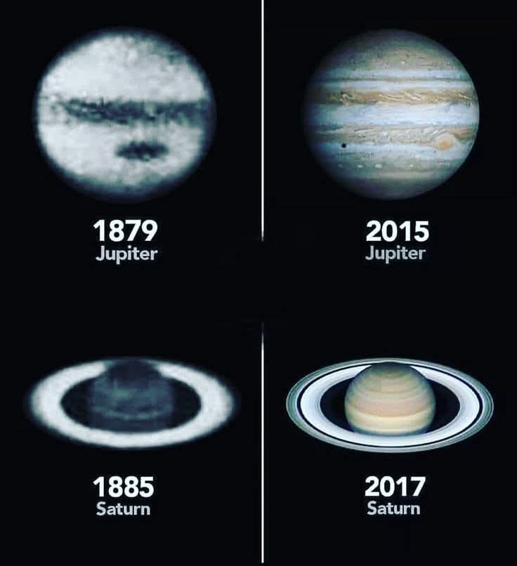 konstructivizm's tweet photo. This image beautifully illustrates the astonishing evolution of telescope technology and astrophotography over more than 130 years, comparing rare early photographs of Jupiter and Saturn from the late 19th century with stunning modern captures from the 21st https://t.co/IRwnNdLRge the top left (1879), we see one of the very first successful photographs of Jupiter—a faint, blurry disc captured by Irish astronomer Agnes Mary Clerke (published in her A Popular History of Astronomy during the Nineteenth Century). It reflects the era's limitations: long exposure times on primitive photographic plates, modest refractor telescopes, and challenges with atmospheric turbulence and guiding.Below it (1885), an early image of Saturn by the French brothers Paul-Pierre and Prosper Henry shows the planet as a small, hazy ball with barely discernible rings—another groundbreaking achievement as one of the first clear planetary photographs ever taken, using their custom 38 cm refractor.Fast-forward to the top right (around 2015): a remarkably detailed view of Jupiter from Hubble (or similar ground-based adaptive optics imaging), revealing swirling cloud bands, the iconic Great Red Spot, intricate storms, and vibrant atmospheric features in sharp color.The bottom right (2017): a breathtaking Hubble image of Saturn displays razor-sharp rings with fine divisions (like the Cassini Division), subtle ring spokes, atmospheric banding, and even hints of moons—achieved through advanced digital sensors, precise tracking, adaptive optics, and space-based clarity free from Earth's atmosphere.These dramatic improvements stem from larger apertures, better optics, digital CCD/CMOS detectors, image processing/stacking techniques, and missions like Hubble that eliminate atmospheric distortion. Planetary oppositions—when Jupiter or Saturn are closest to Earth and appear largest in the sky—have always helped maximize detail, but modern tech turns those brief windows into high-resolution https://t.co/8VsA1SK5zY's mind-blowing proof of how far we've come: from vague smudges hinting at worlds beyond our own, to images that let us study weather patterns, ring dynamics, and atmospheric chemistry in exquisite detail. Humanity's quest to see farther and clearer never stops!Have an inspiring day peering at the skies!