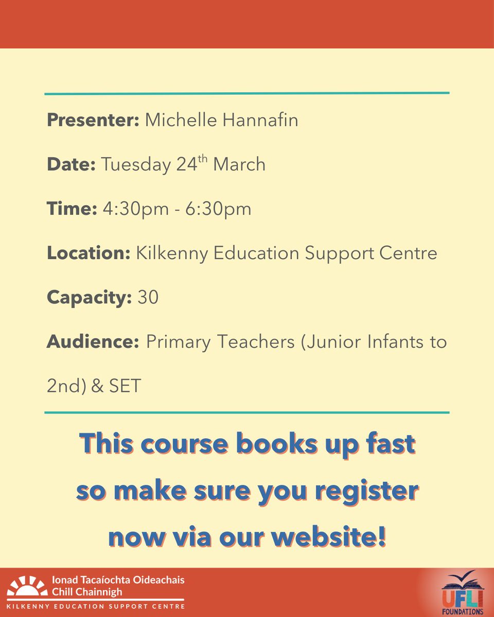 eckilkenny's tweet image. ✨WE'RE BACK AGAIN!✨

The very popular UFLI Foundations Phonics Programme workshop is being run again in Kilkenny Education Support Centre.

Our last session booked up extremely fast so make sure you register now to get your space!

#UFLIFoundations #PhonicsProgramme #KESC