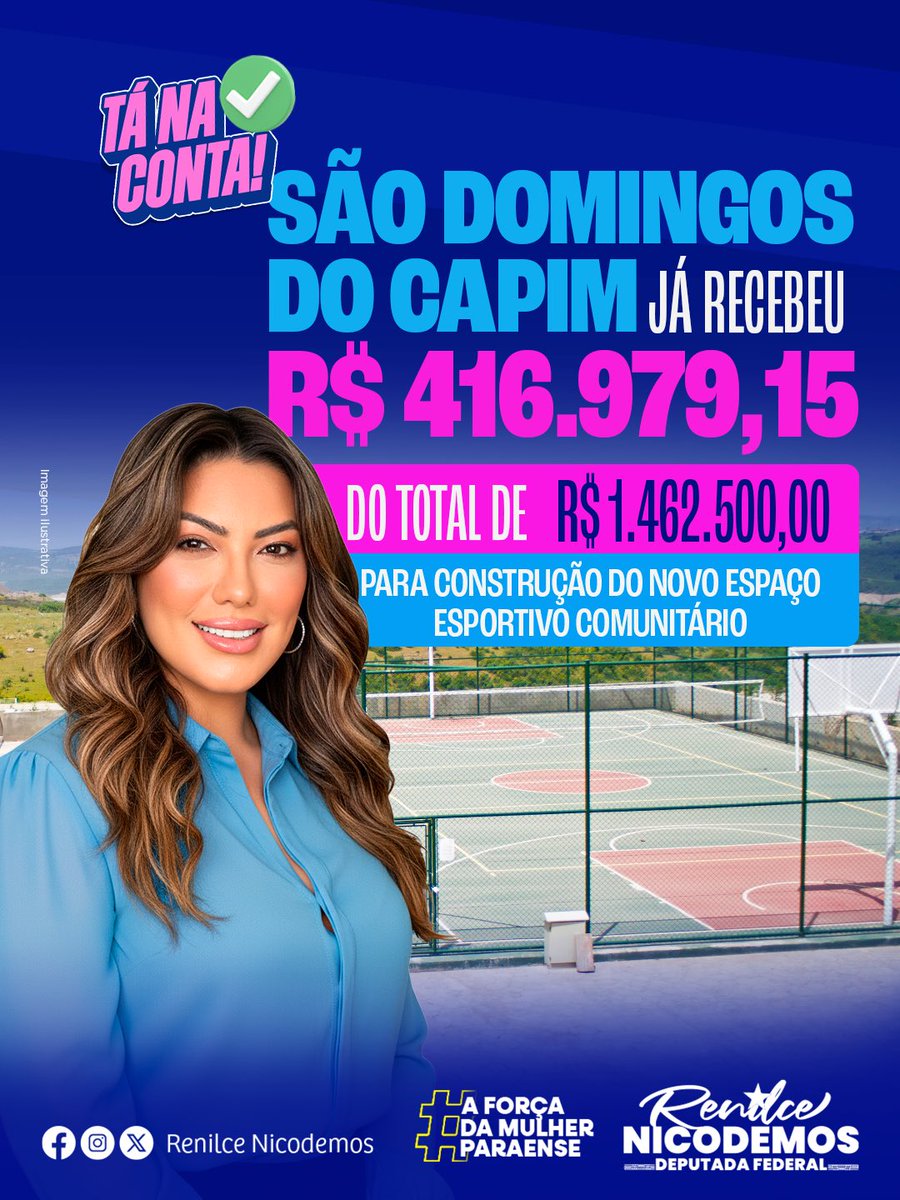 Tá na conta ✅️ 

📣 Alô, meu povo de São Domingos do Capim! Alô prefeito @orivaldo_bateria! 

Já está disponível o recurso de R$ 416.979,15 de um total de R$ 1.462.500,00 que destinei para a construção do novo Espaço Esportivo Comunitário 🙌💙