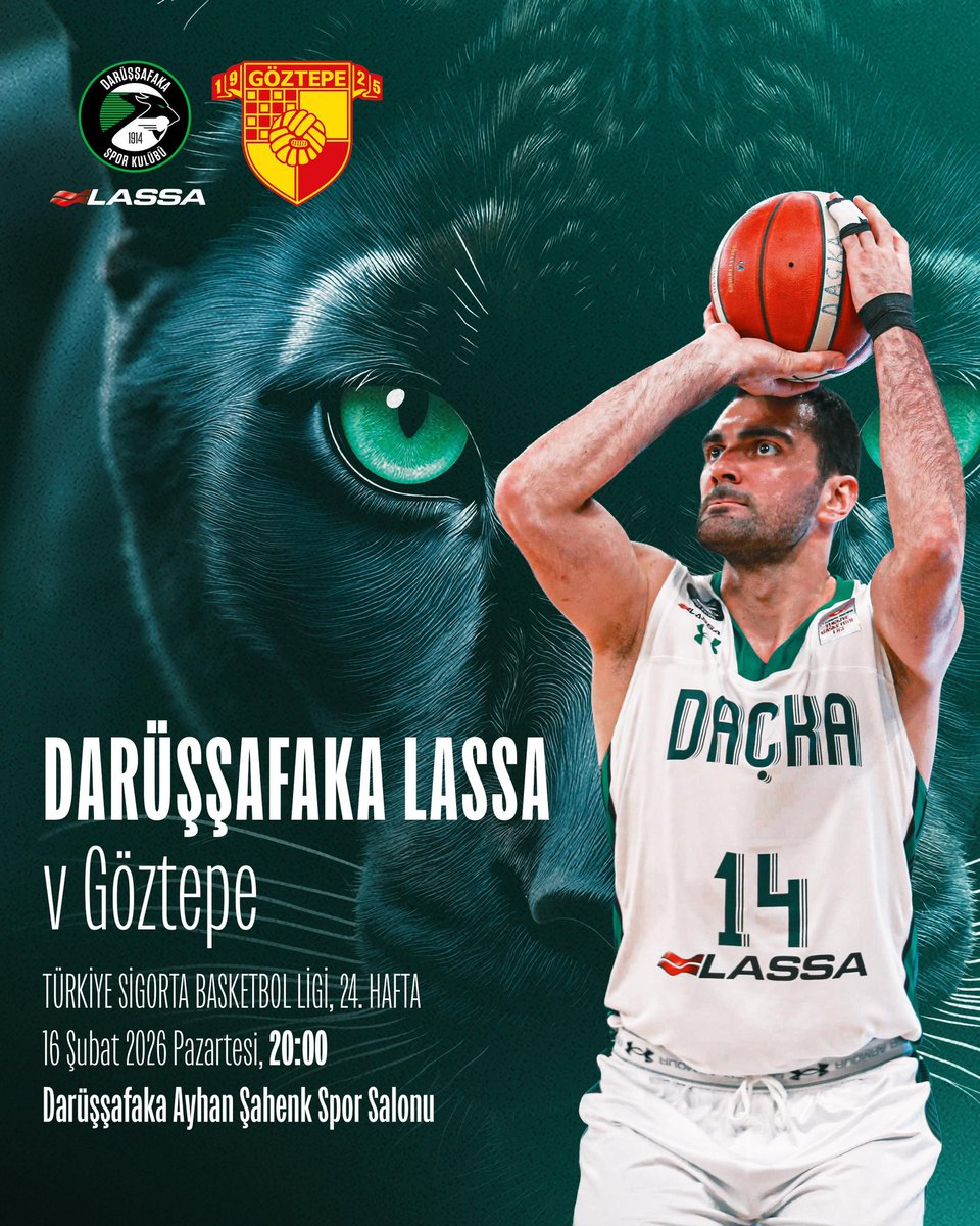dackabasket's tweet photo. Türkiye Sigorta Basketbol Ligi 24. haftasında evimizdeyiz.
Rakibimiz Göztepe.

📅 16 Şubat Pazartesi
🕗 20.00
📍 Darüşşafaka Ayhan Şahenk Spor Salonu

#SiyahtanYeşile #DaçkaZamanı 💚🖤 https://t.co/5n7BG7M8wS