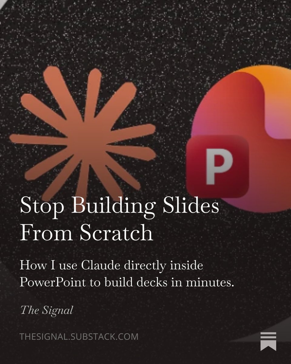 Anthropic just released Claude in PowerPoint.

It puts Claude directly inside your slide deck.

Read the full guide here: thesignal.substack.com/p/stop-buildin…