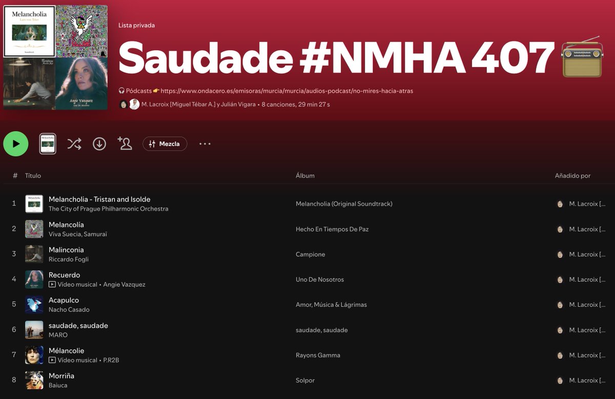 Gracias🙏🏼 por escuchar🎧 el pódcast🎙(≈15’’) del #NoMiresHaciaAtrás nº 407📻, especial #Saudade😔, con música por: #RichardWagner #VivaSuecia #Samuraï #RiccardoFogli #AngieVázquez #NachoCasado #MARO #PR2B #Baiuca… ojalá te agrade.

👂👉 bit.ly/NoMiresHaciaAt…