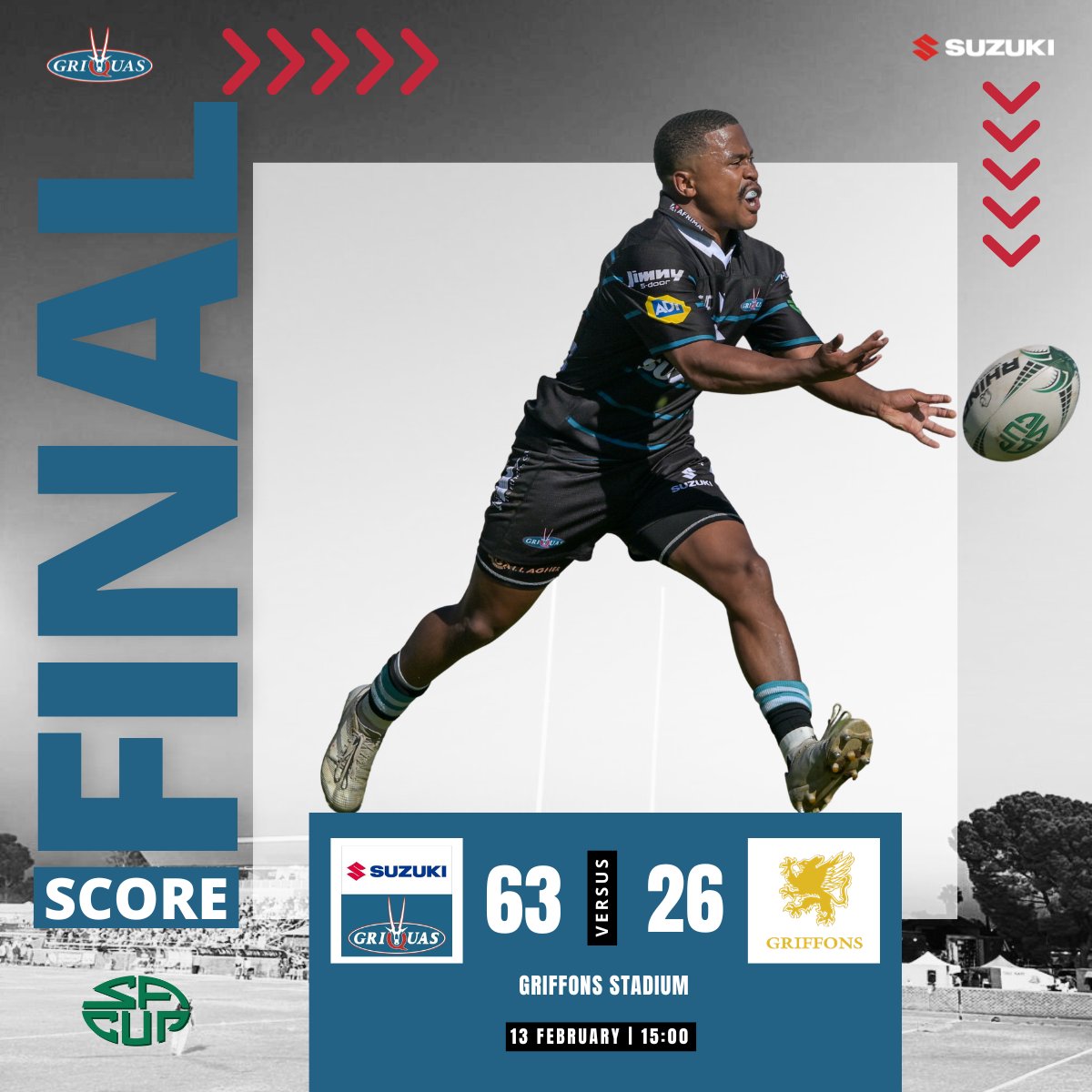 FULL-TIME 🏁

Suzuki Griquas 63
Griffons 26
A powerful performance in Welkom as the build-up to the SA Cup continues. 💪
Well done, boys!
#SuzukiGriquas #SACup #WarmUpMatch