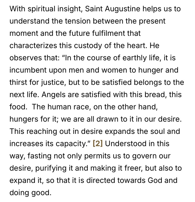 Pope Leo encouraging us to fast for Lent. Fun fact: earlier in the document, he calls it essential for conversion. And honestly, how can we have true conversion without placing God as our priority and growing in temperance and self-control?