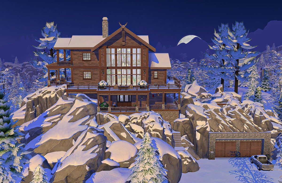 asimialex's tweet photo. The living room, dining room and kitchen of my Mt. Komorebi build Alpine Heights Lodge.

#noCC #TheSims #TheSims4 #ShowUsYourBuilds #Sims4Builds https://t.co/pSQHKRTU58