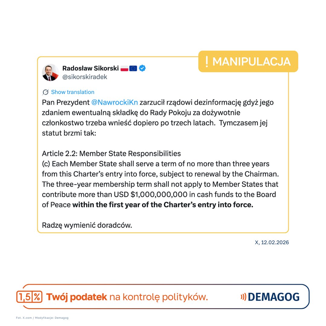 💬 “Miliard dolarów za członkostwo w Radzie Pokoju”?

Sprawdziliśmy wypowiedź <a href="/radeksikorski/">Radek Sikorski</a> <a href="/Obywatelska_KO/">Koalicja Obywatelska</a> <a href="/ko_klub/">KP Koalicja Obywatelska 🇵🇱✌️</a>.

🔎 <a href="/prezydentpl/">Kancelaria Prezydenta RP</a> <a href="/NawrockiKn/">Karol Nawrocki</a> mówił o dobrowolności wpłaty 1 mld dolarów, a nie o jej odroczeniu. Minister spraw zagranicznych przypisał mu interpretację, której