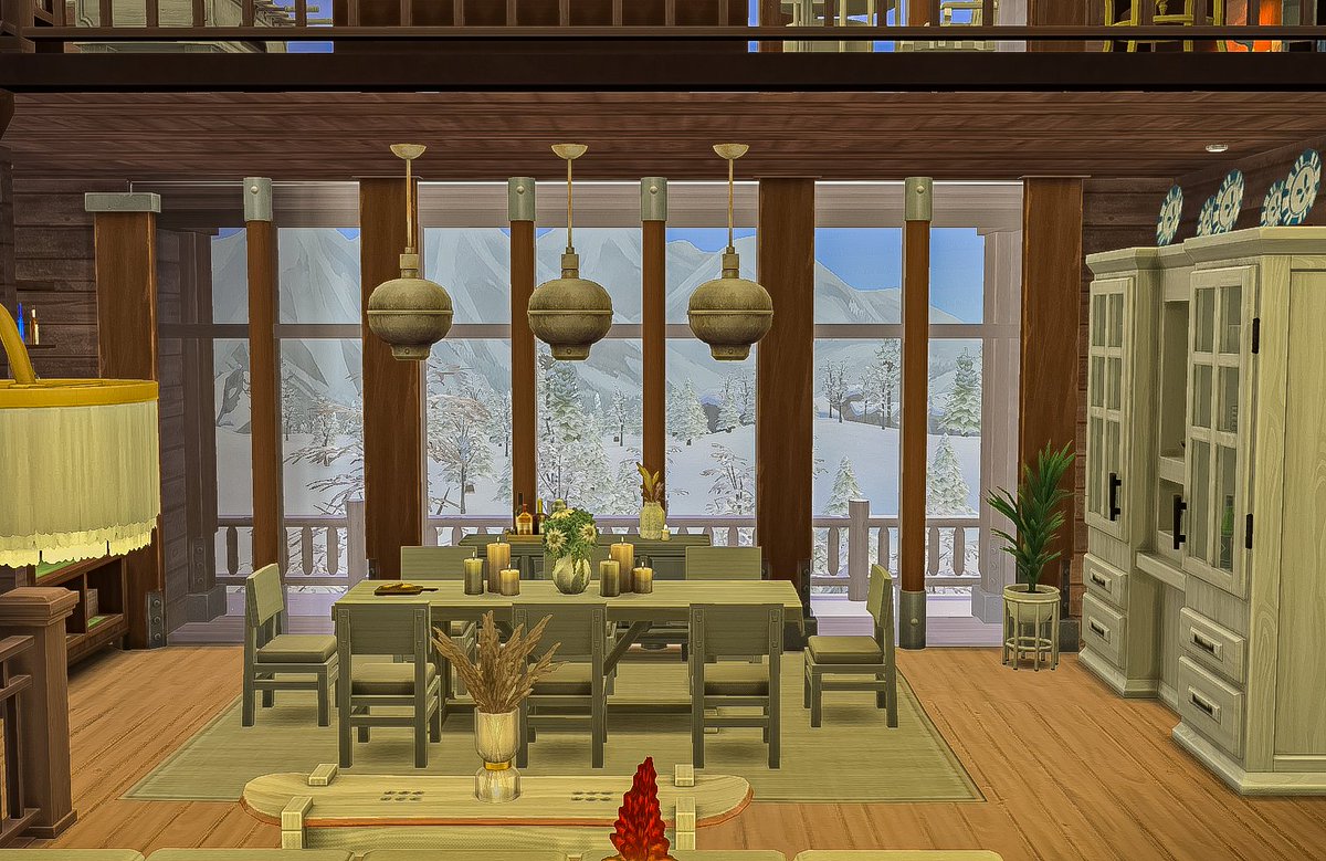 asimialex's tweet photo. The living room, dining room and kitchen of my Mt. Komorebi build Alpine Heights Lodge.

#noCC #TheSims #TheSims4 #ShowUsYourBuilds #Sims4Builds https://t.co/pSQHKRTU58
