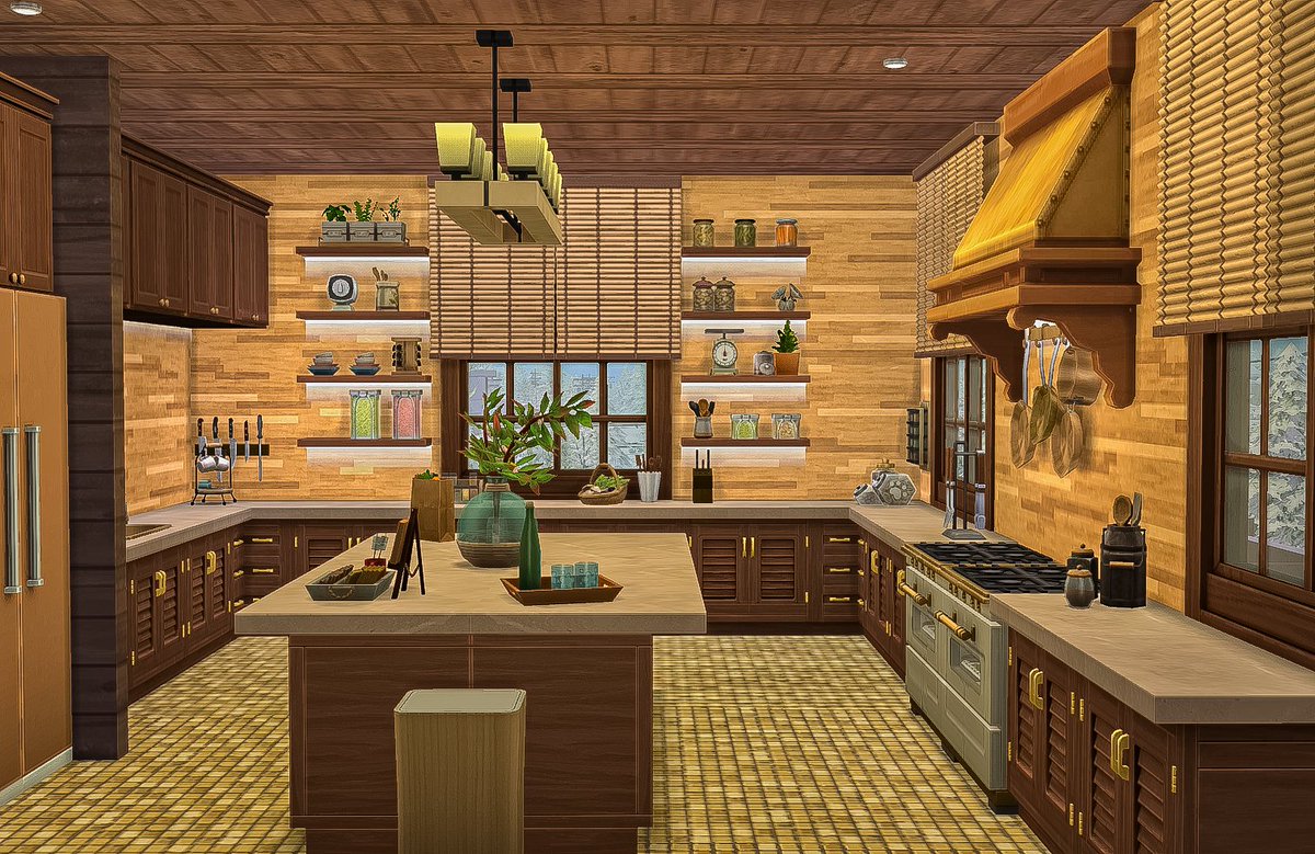 asimialex's tweet photo. The living room, dining room and kitchen of my Mt. Komorebi build Alpine Heights Lodge.

#noCC #TheSims #TheSims4 #ShowUsYourBuilds #Sims4Builds https://t.co/pSQHKRTU58