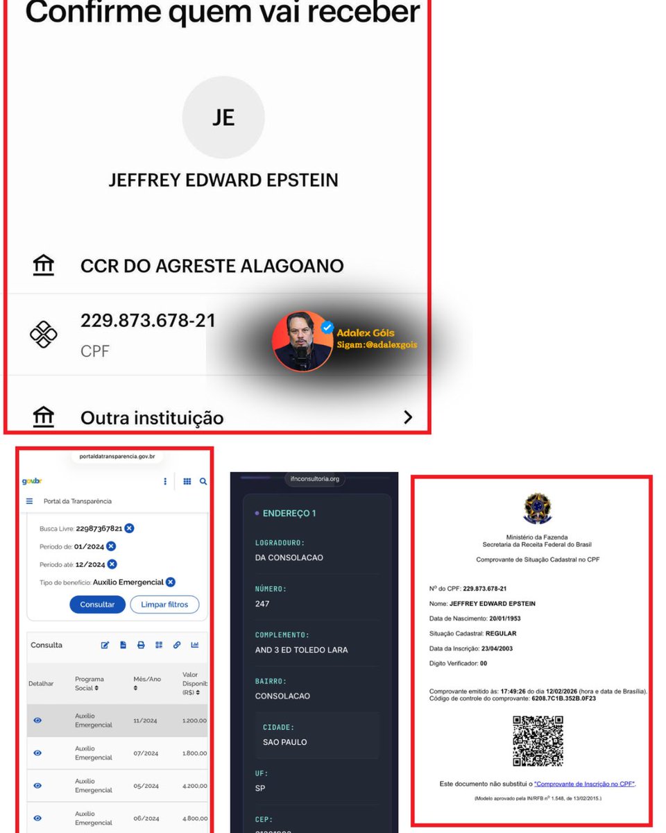 Como explicar isso?

- Epstein supostamente morreu em agosto de 2019; Ele tem CPF brasileiro ativo. Seu documento de identidade mostra uma chave PIX ativa no Banco Rural de Alagoas;
- O Brasil lançou o sistema de pagamento PIX em novembro de 2020;
Como é possível ter acesso a uma