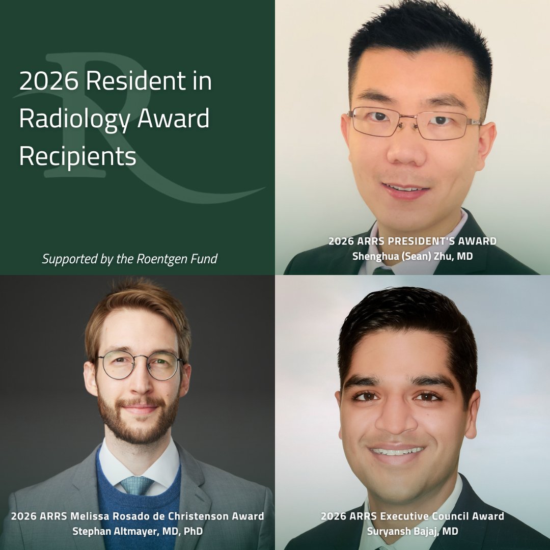 ARRS_Radiology's tweet photo. Congratulations to the 2026 Resident in Radiology Awardees: Drs. Shenghua (Sean) Zhu, Stephan Altmayer, and Suryansh Bajaj

https://t.co/vZx7pLvghP https://t.co/1WZiZ67EZt