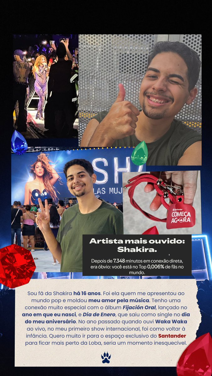 <a href="/santander_br/">Santander Brasil</a> <a href="/Shakira_Brasil/">Shakira Brasil | Fã Clube</a> <a href="/ShakiraPDBrasil/">Pies Descalzos BR</a> <a href="/santander_br/">Santander Brasil</a> me ajuda a chegar mais pertinho da Reina! Meu sonho ver a Shakira mais de pertinho!#SantanderConLaReina 🐺❤️