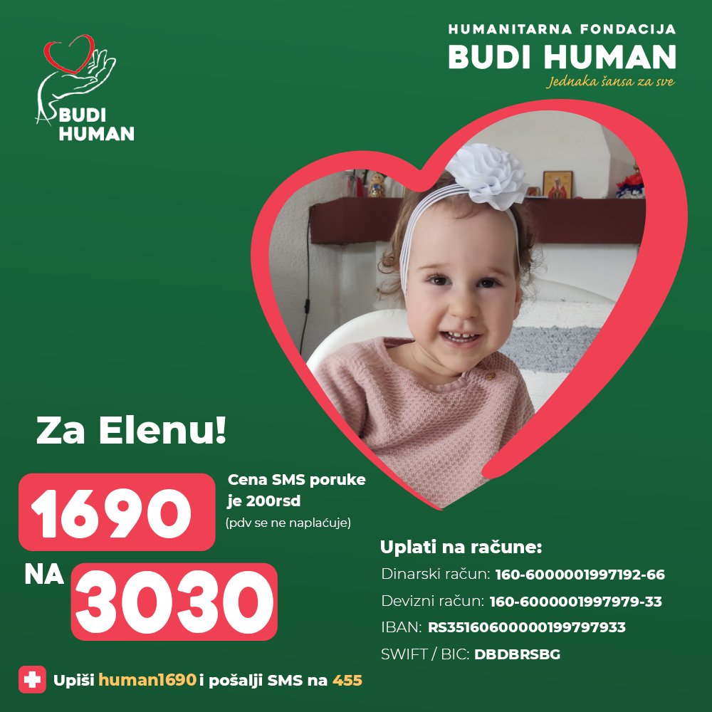 budihuman's tweet image. Pomozimo Eleni!

Upišimo 1690 i pošaljimo SMS na 3030

budihuman.rs/korisnik/1690/…

#budihuman #jednakašansazasve #podeli #elenapoluga