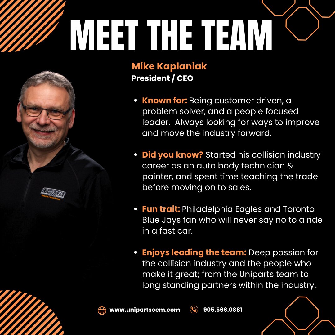Meet the Team: Mike Kaplaniak, President &amp; CEO.

Decades in the collision industry. Focused on relationships, accountability, and moving forward.

#MeetTheTeam #CollisionIndustry #OEM #Unipartsoem