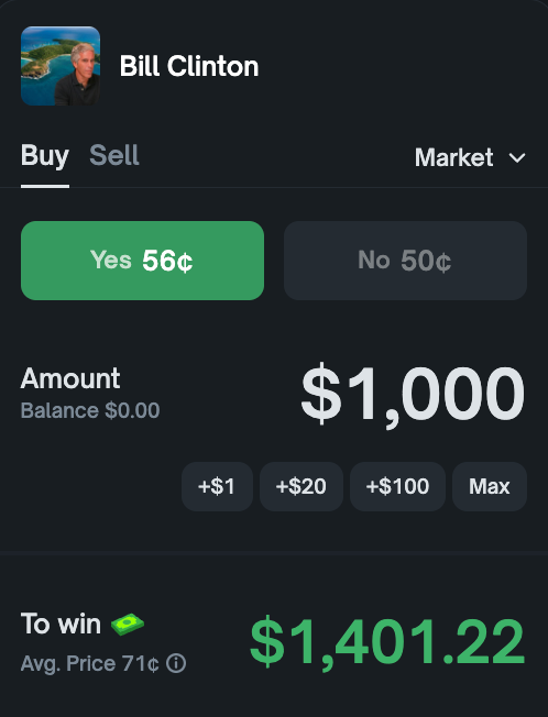 who visited Epstein’s Island?

the new market on Polymarket looks like free money

Bill Clinton’s name regularly comes up in the context of ties to Jeffrey Epstein

there are photos, flight logs, and numerous media publications about his contacts with him

also among the names in