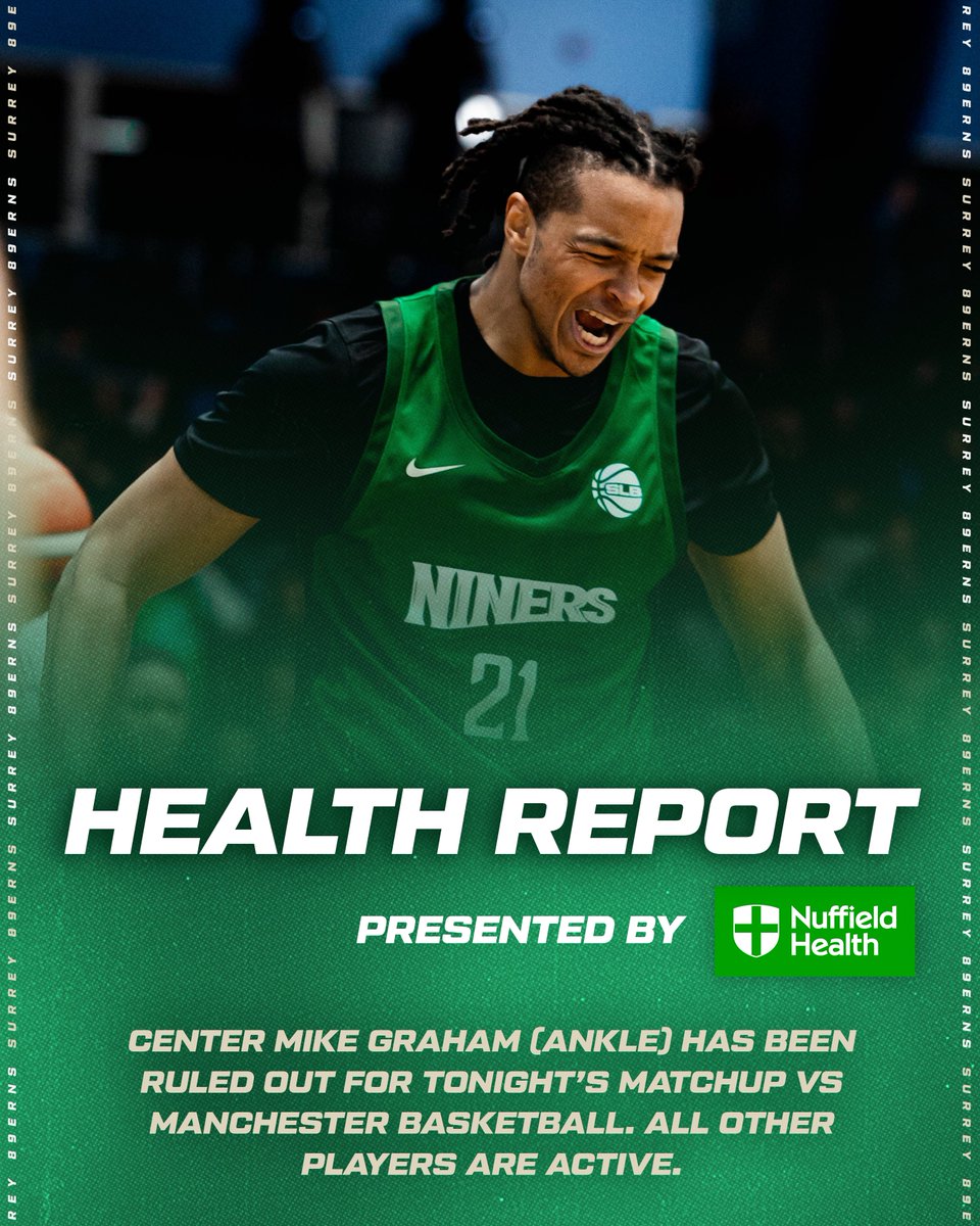 Surrey89ers's tweet photo. Mike is ruled out for tonight's game vs Manchester with an ankle injury. Rest of the squad is available.

🎟️ Tickets still available. Link in bio!

#GreenRunsDeep
#Surrey89ers
#SurreyBasketball
#HealthReport
#NuffieldHealth
#SURMCR https://t.co/Lgp12GwgLE