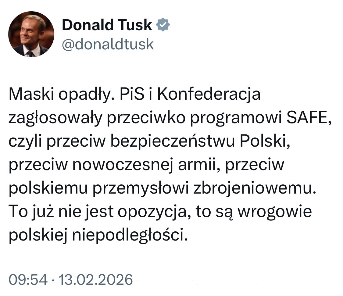Maski opadły👆
Koalicja Obywatelska zagłosowała za programem SAFE, czyli przeciw finansowemu bezpieczeństwu Polski.

To już nie jest propolska rządząca Koalicja, to są wrogowie polskiej niepodległości.
#SAFEdlaNiemców