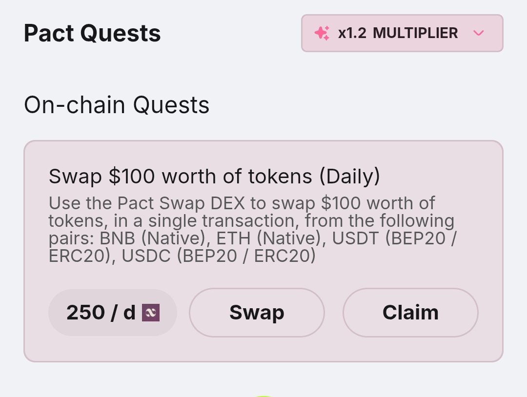 madaki81085's tweet photo. Just spotted the new On-chain Quest on @Pact_Swap Hub!
Swap $100 worth of tokens daily and earn 250 points/day.
A great way to level up in the loyalty program while using the DEX.
#PactSwap #DeFi #NativeSwaps https://t.co/ETdIyG3eId